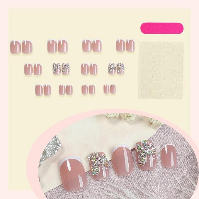 White French Tip Press on Nails Short Square MABKJLF Petite Fake Nails Butterfly False Nails with Rhinestones Designs Glossy Glue on Nails French Manicure Acrylic Nails for Women Girls 24Pcs