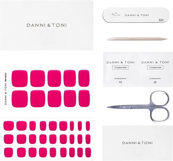 DANNI & TONI Semi Cured Gel Toenail Strips Bright Pink (Miss Fairy) Fushcia Gel Toenail Stickers Solid Color 37 Stickers