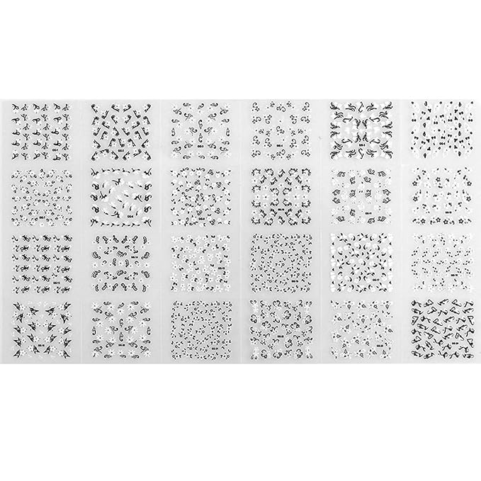 ALLYDREW 24 Sheets Black & White Flowers with Rhinestones Nail Stickers Set Nail Art