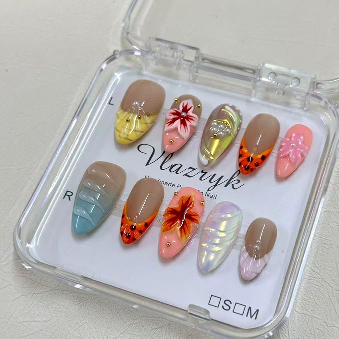 Handmade Press On Nails - Luxury Medium Almond Acrylic Nails with 3D flowers & Rhinestone Reusable Fake Nails, Elegant French Tip Contrast Color Design Nail Art for Women(10PCS)