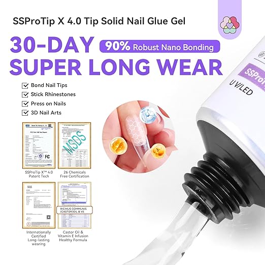 SAVILAND Pro Solid Nail Glue & Remover Kit: 30-Day Solid Adhesive Kit with U V Lamp 20g Gel & 3ml Fast Nail Glue Remover Pen for X Nail Gel Extension System