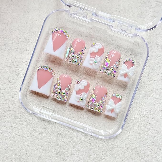 Luxury Rhinestone Medium Duck Press on Nails Handmade Nails with Glue,Nude False Nails with 5D Flower Art Design White French Thick False Nails Muti-Layer Gel Handmade Nail for Women (Size S)