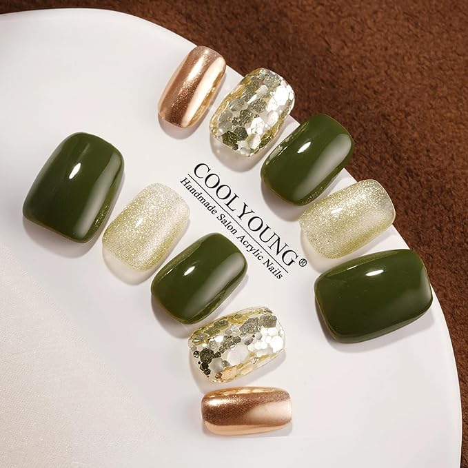 COOLYOUNG Olive Green Gold Glitter Press On Nails Salon Quality Short Reusable Artificial Nails with Cat Eye, 25 PCS Handmade Nails
