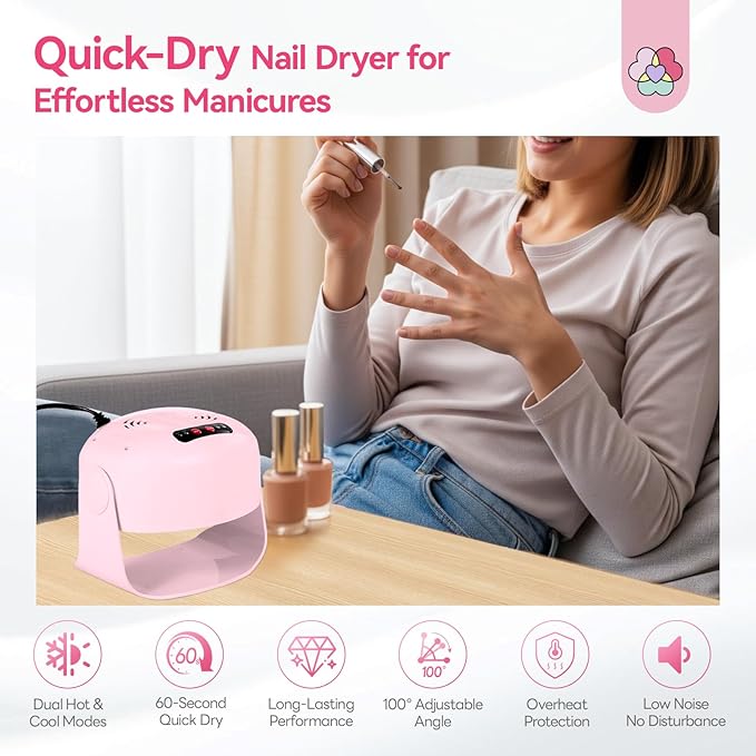 SAVILAND 600W Nail Dryer: Pink 6X Fast Drying Nail Polish Dryer for Regular Polish Nail Dryer with Adjustable Angle Fingernail Dual Heating & Cooling Modes Dry Nail Dehydrator for Gel