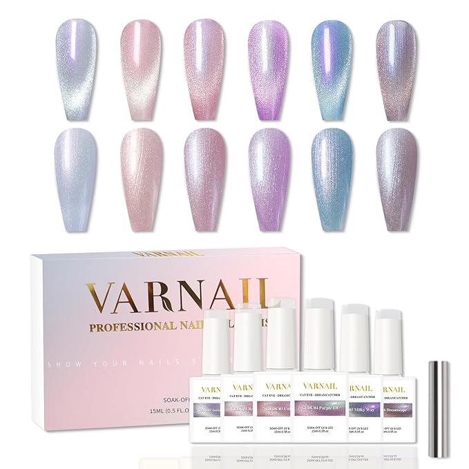 VARNAIL Cat Eye Gel Polish Kit 6 Colors, 15ML Glitter 9D Holographic Gel Polish with Magnet, Soak off U V Light Gel Nail Polish Set, Salon Magnetic Gel Nail Polish (Dreamcatcher)