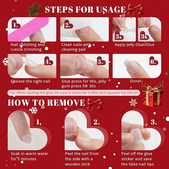 Red Press On Nails Short - Jofay Fashion French Tip Press On Nails, Acrylic Fake Nails with Snowflakes and Gold Glitter, Reusable False Nails Glue On Nails for Women, Stick On Nails Kit 32Pcs