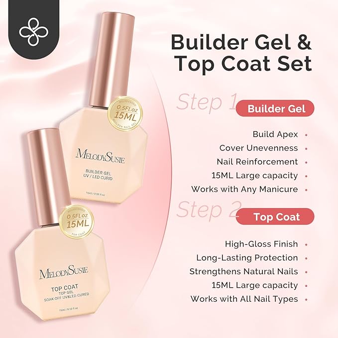 MelodySusie 2PCS 15ML Clear Builder Nail Base Gel & Top Coat Set, Shine Finish and Long Lasting, for Nails Thickening Apex Building, UV Extension Gel for Nail Art Design Salon DIY Manicure at Home