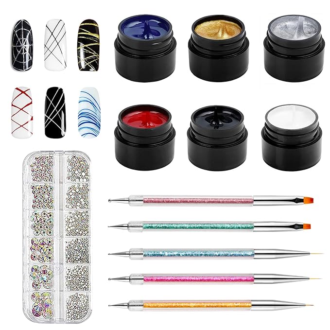 Vtrem 6 Colors 8ML Spider Gel Set with 5 PCs Double Ended Point Drill Drawing Brush Pen Nail Rhinestones Matrix Gel with Gel Paint Design Nail Art Kit Wire Drawing Purple Green Nail
