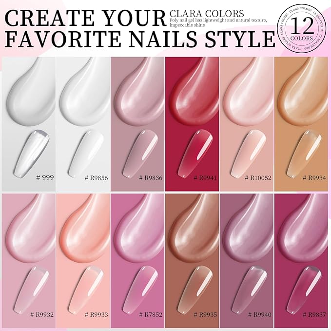 Clara Colors Poly Gel Nail Kit, 12 Colors Poly Kit All In One Poly Nail Gel Starter Kit withTools for Nail Art DIY at Home and Salon