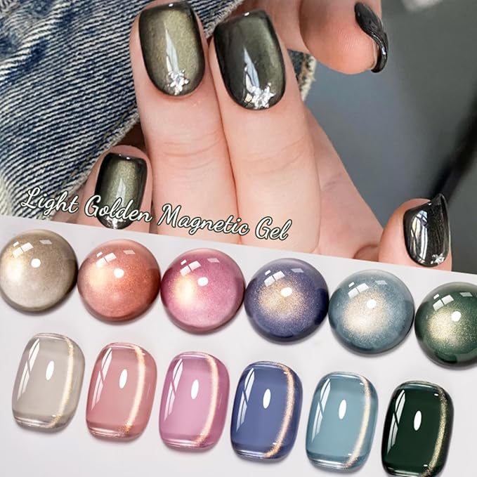 MEET ACROSS 8PCS/SET Light Golden Magnetic Gel Nail Polish Kit, Semi-Permanent Soak Off LED, Super Bright Cat Eye Series Nail Art Gift for Women