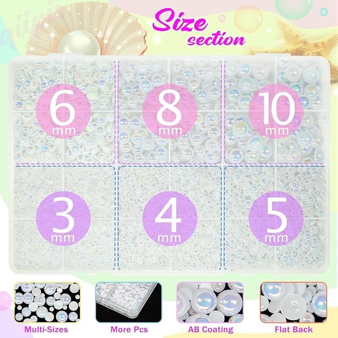 White AB Flatback Pearls w B7000 Jewelry Glue for Bedazzling Crafting 3/4/5/6/8/10mm Half Round Pearl Bedazzling Beads Gems Bedazzler Kit for Nails Face Eyes Makeup Tumblers Bottles DIY Crafts
