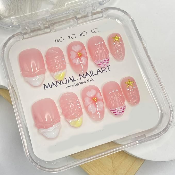 Handmade Press on Nails Flower Press on Nails French Tip False Nails with 3D Star Designs Short Almond Shaped Fake Nails Glossy Full Cover Artificial Acrylic Nails for Women (Size M)