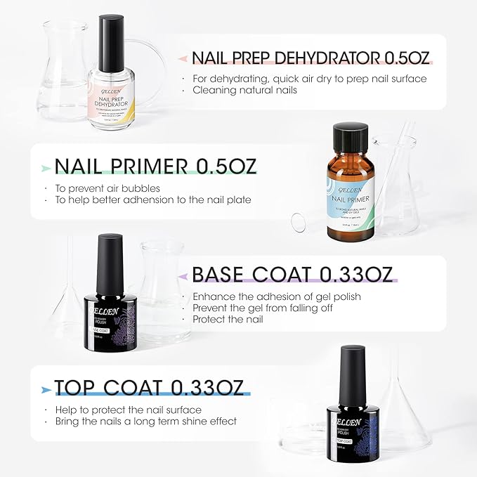 Gellen Nail Prep Dehydrator, Nail Primer & Top Coat Gel & Gel Base Coats