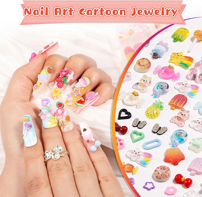 400PCS Kawaii Nail Art Kit with 100 Soft Clay Slices 300 3D Resin Candy Fruit Donut Star Charms for Acrylic Nails Supplies with Tweezers for DIY Crafts Slime and Shoe Decor