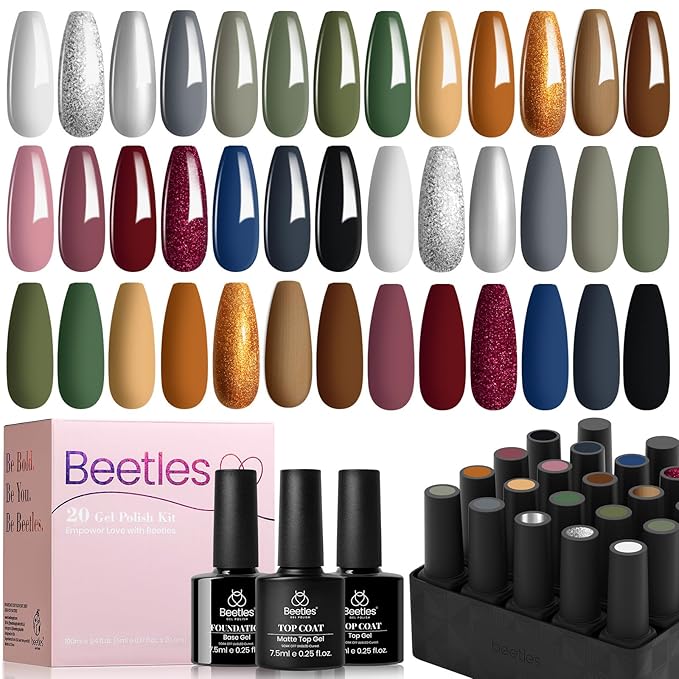 Beetles Gel Nail Polish Set?23 Pcs Burgundy Brown Gold Nude Pink Black White Glitter Gel Polish Kit with Base Matte Glossy Top Coat Soak off UV Gel Nail Polish for Women