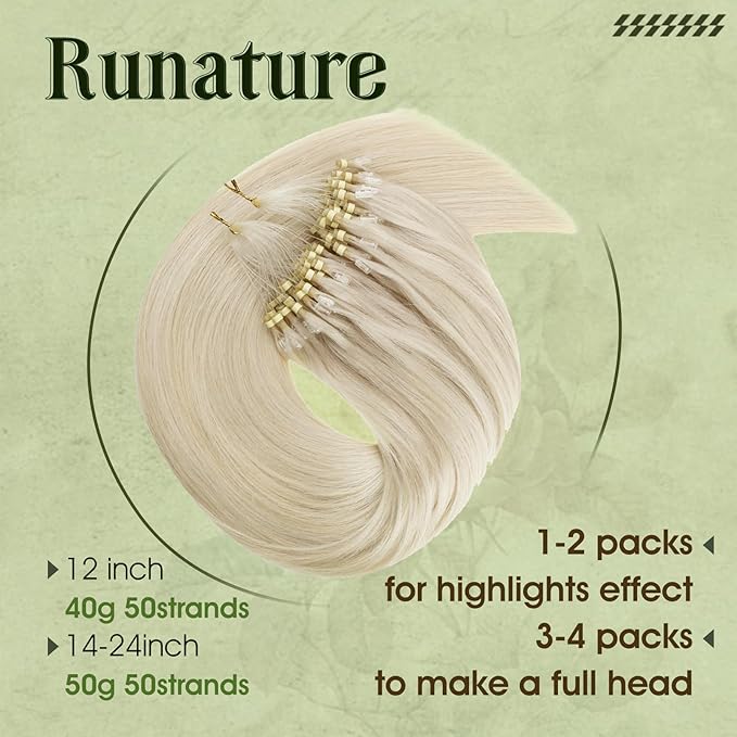 RUNATURE Microlink Hair Extensions Real Human Hair White Blonde Remy Micro Beads Hair Extensions Natural Micro Link Human Hair Extension Straight 18 Inch 50g 50s