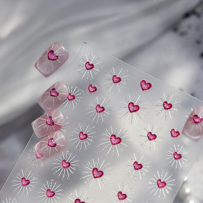Valentines Nail Stickers for Nail Art Pink Heart Nail Art Stickers 5D Embossed Glitter Nail Decals Holiday Nail Design for Women Manicure DIY Decoration Accessories