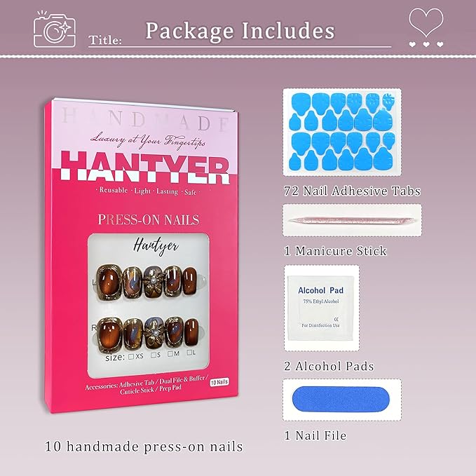 10pcs Press On Nails Vintage Amber with Hand-Painted 3D Gold Flowers and Metal Accents, Short Square Glossy False Nails, Reusable, Easy to Apply, Portable for Parties (Size XS)