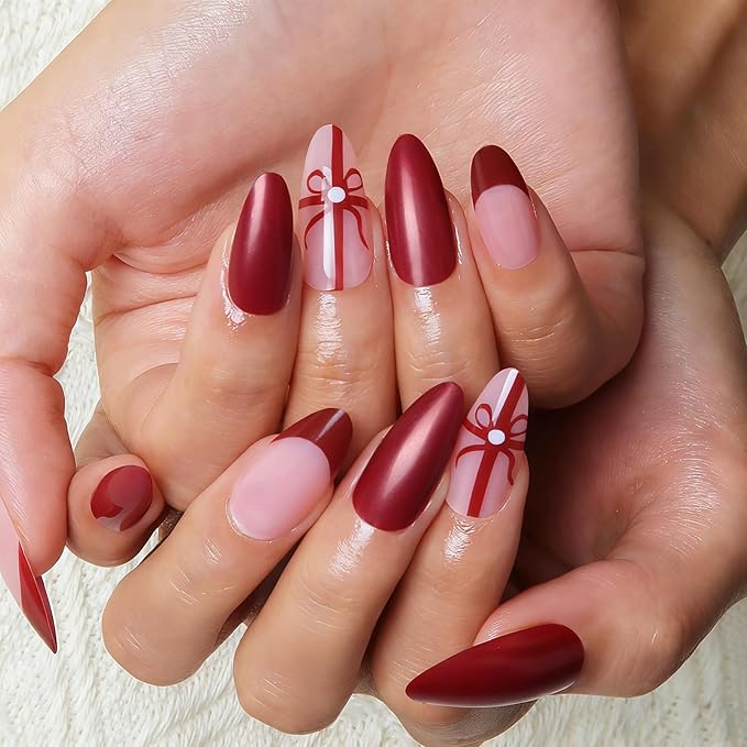 24pcs Red French Tip with Bow Medium Almond Press On Nails, Reusable Nail Kit with Adhesive Tabs, 11 Sizes (Red Bow)