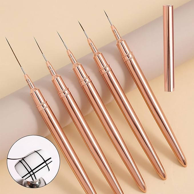WOKOTO 5 Pcs Gold Nail Art Liner Brushes Painting Nail Art Brush Set Nail Dotting Drawing Tool For Long Lines Thin Details Fine Drawing Sizes 5/8/12/15/20mm Liner Brushes With Metal Penholder
