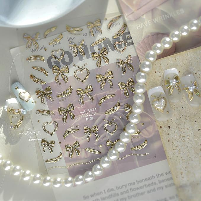 5D Embossed Gold Bow Nail Stickers Self Adhesive Gold Heart Nail Art Stickers Metal with Glitter Love Bow Design Cute Valentines Day Nail Decals Nail Art Supplies for Women Acrylic Manicure Salon Tips