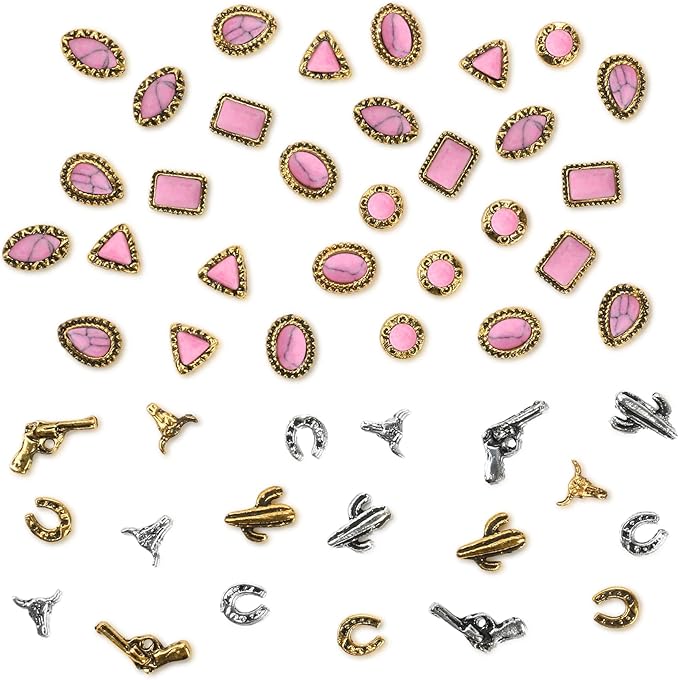 50 PCS Western Nail Charms - Pink Turquoise Nail Gems Stone 3D Vintage Western Art, Retro Pink Marble Cowgirl Charms Gems Metal Gold Silver Art Jewelry Gifts for Women DIY
