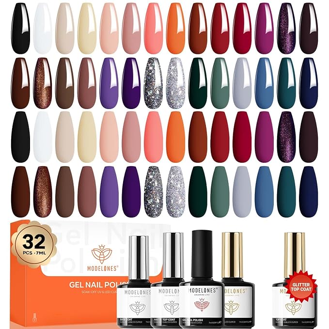 modelones 32 PCS Gel Nail Polish Set, 28 Colors Halloween Gel Polish with No Wipe Base Coat, Glitter & Glossy & Matte Top Coat Red Green Purple Orange Soak Off LED Nail Art Kit Salon at Home