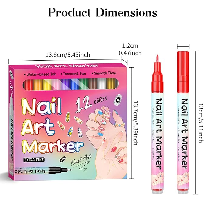 Waterproof Nail Art Pen, 12 Colors Nail Art Pen Set, 0.5mm Precision Control, Quick Drying Markers for & DIY, Complete Kit with Fine Tip Pens