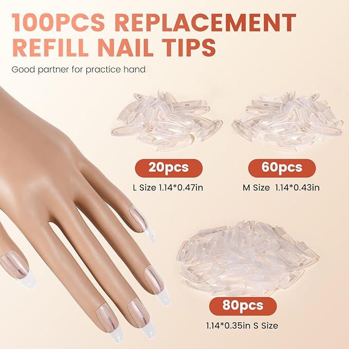 100PCS Replacement Nail Tips for Practice Hand - Clear Refill Acrylic Fake Nail Tips for Silicone Nail Hand Practice