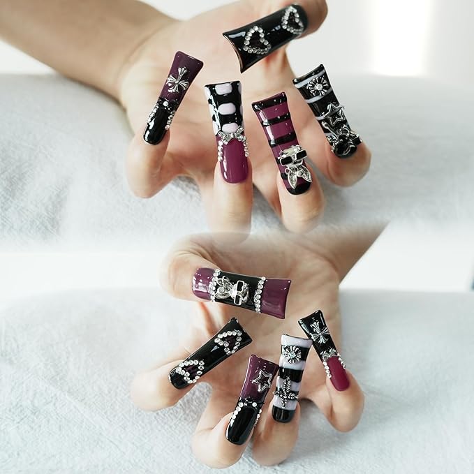 Press on Nails Gothic Long Duck - Metallic Long Duckbill False Nails Tri-Color Black, Purple & Hot Pink with 3D Metal Charms Cross, Star, Heart for Party, Festival (Dark Romance,L)