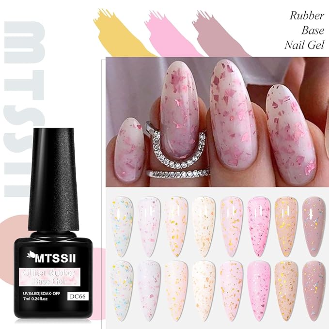MTSSII Rubber Base Gel Nail Polish Kit with Golden Sequins For Nails, Glitter Sequins Gel Nail Polish Set, Soak Off UV Cured Nail Nail Art Design at Home