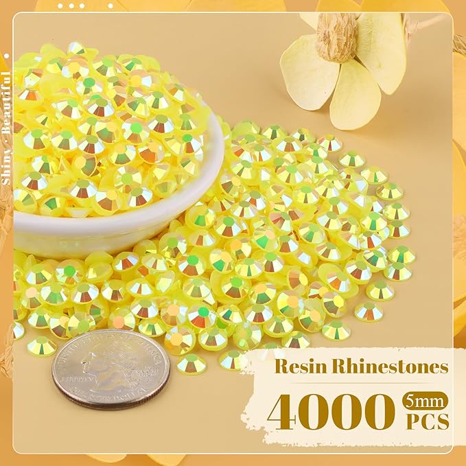 4000PCS 5mm Resin Jelly Rhinestones in Bulk (Lemon Yellow AB), Bedazzling Flatback Crystals Rhinestones for Crafting DIY Nail Decoration, Gems Diomand Charms for Tumbler Shoes Clothing Fabric