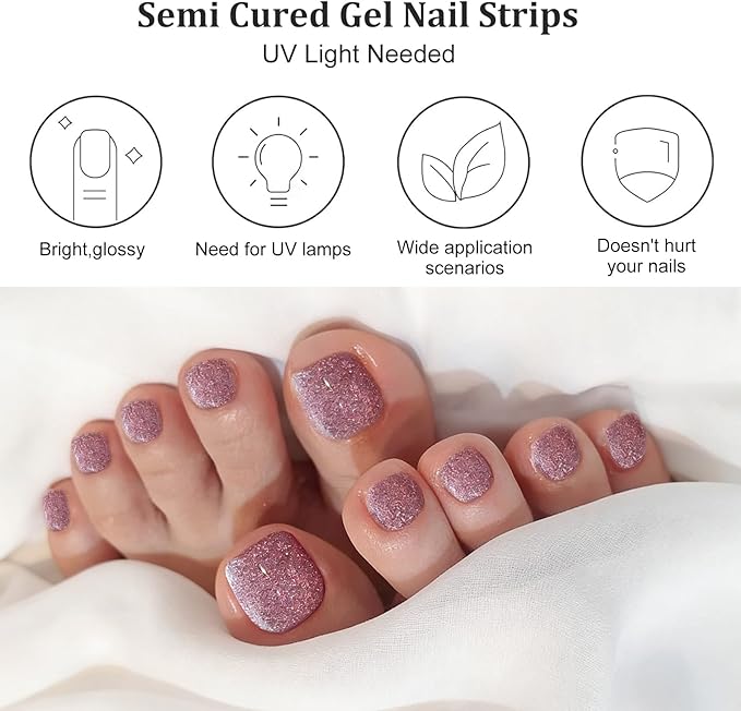26 Pcs Semi Cured Gel Toe Nail Strips Pink Glitter Gel Nail Stickers Full Cover Pink Nails Wraps Self Adhesive Toe Nails Polish Strips Stickers for Women UV/LED Light Required