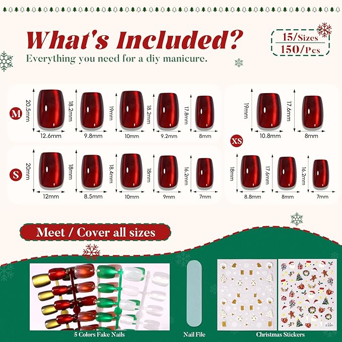 Christmas Press on Nails Short Square Set, 150pcs Jelly Glass Mirror Chrome Cat Eye Nails, Shimmer Snow White Glitter Cherry Red Ruby Holographic Elk Brown Sparkle Green Nails with Stickers