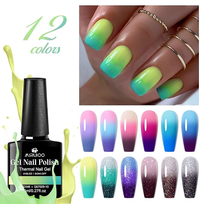 Color Changing Gel Nail Polish Set 12 Colors Temperature Mood Changed Glitter Gel Polish Soak Off UV/LED Nail Art Design Kit Gifts for Women Girls