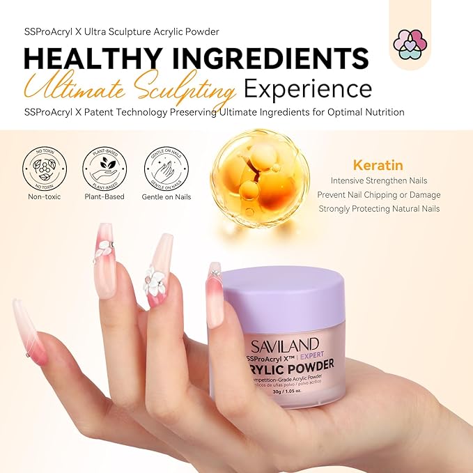 SAVILAND Nude Acrylic Powder: Smooth & Healthy Keratin Acrylic Nail Powder Ultra-High Blend Tech Professional Powder for Beginner Nail Extension & 3D Carving Home Travel