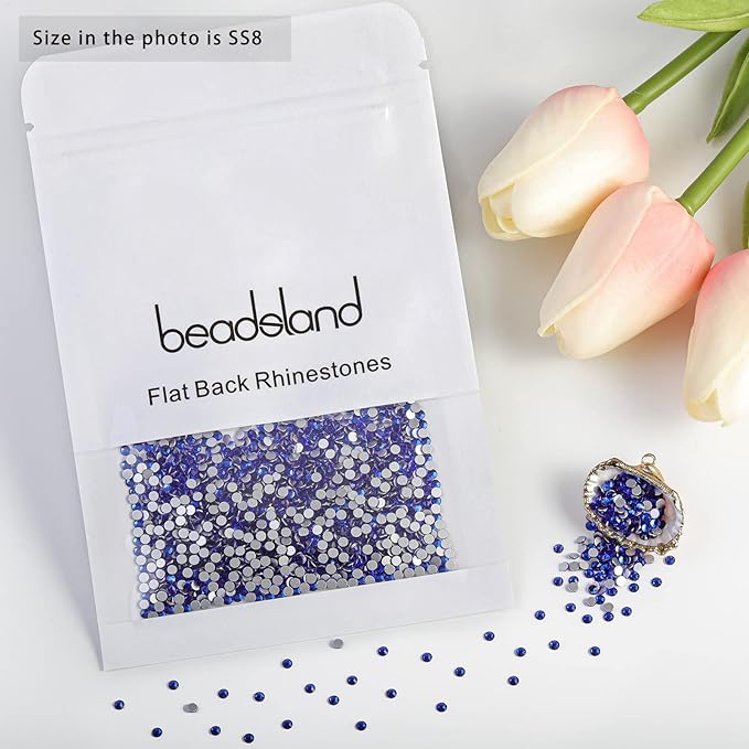 Beadsland 2880pcs Flat Back Crystal Rhinestones Round Gems for Nail Art and Craft Glue Fix,Sapphire,SS8,2.3-2.5mm