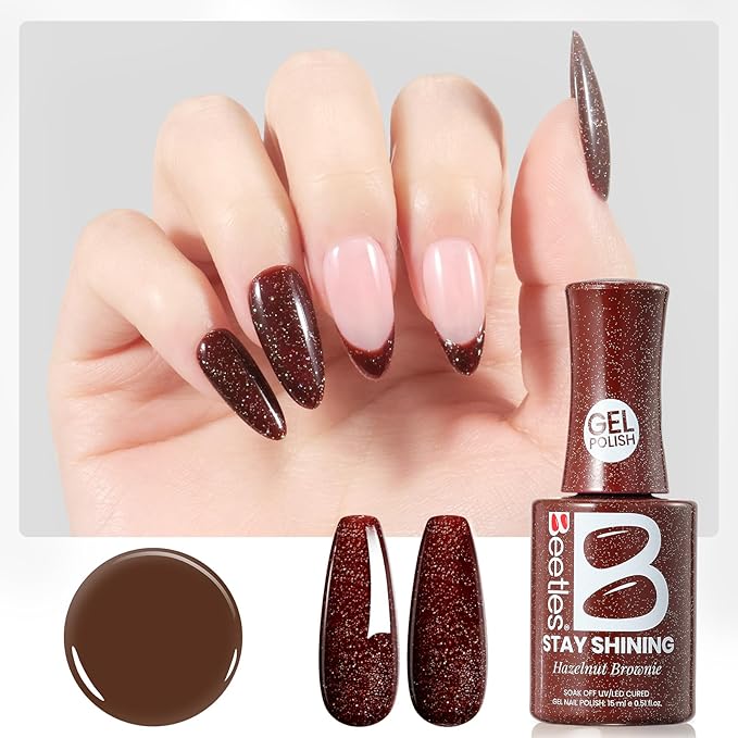 Beetles Glitter Gel Nail Polish - 15ml Stay Shining Hazelnut Brownie Gel Polish Holographic Glitter Nail Art Uv Led Home Salon Long-Lasting Soak-Off Gel Gift for Women
