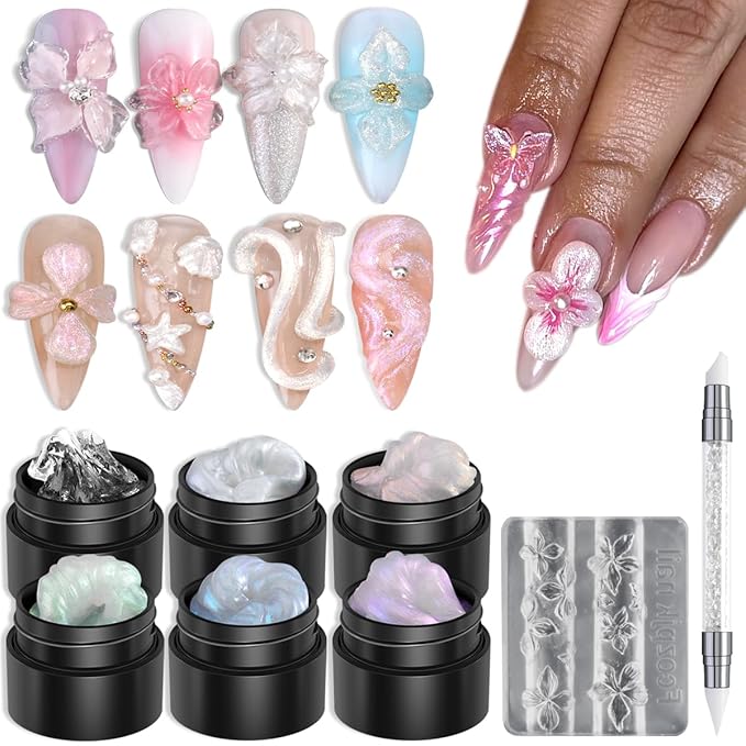 Solid Builder Gel Kit, 6 Colors Non Sticky Hand Hard Gels for Nails Iridescent Pink Clear 3D Sculpting Gel with Silicone Carving Pen Flowers Mold Pearly Polish Manicure Salon Supplies