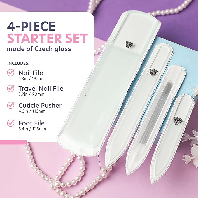 Bona Fide Beauty Nail Kit: Handmade from Czech Glass, Perfect Gift for Teenage Girl, 4PC Gift Set in Clear Color - Foot File, Travel Nail File, Glass File, 1 Cuticle Pusher