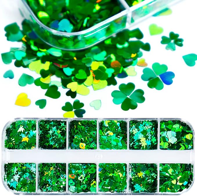 Nail Art Glitter Green Sequins 3D Holographic Laser Hearts Stars Leaves Clovers Nail Acrylic Stickers Spring Shiny Flakes Nail Supplies for St. Patrick's Day Decor 12 Grids