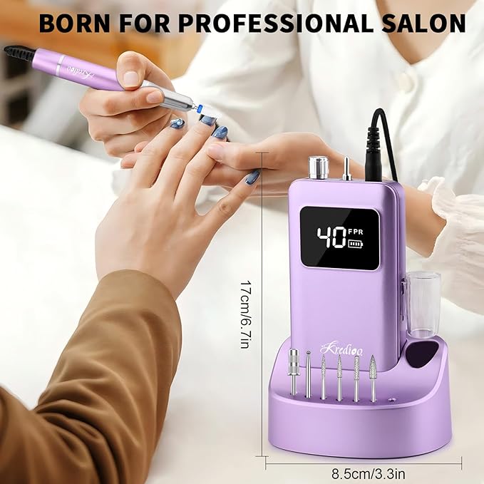Kredioo Professional Nail Drill Brushless 40,000RPM Rechargeable 2-in-1 Portable Electric Nail File Ultra Silent Salon Must Haves Nail Tool Kit Removing Acylic Gels-Purple