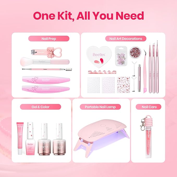Beetles 30 Pcs Gel Nail Polish Kit with U V Light - 6 Colors Red Cat Eye Gel Polish Set Pink Jelly Glitter Sweet Date Collection with Heart Magnet Manicure DIY Salon Gifts for Mom Women Teens Girls