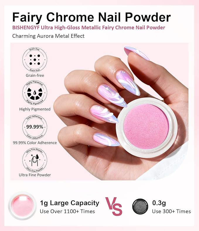 Pearl Chrome Nail Powder BISHENGYF -【Fairy Effect】Pink Chrome Nail Powder White Pearlesent Aurora Mermaid Iridescent Nail Chrome Powder, Metallic Mirror Glitter Pigment Dust For Nail Art DIY 2PCS
