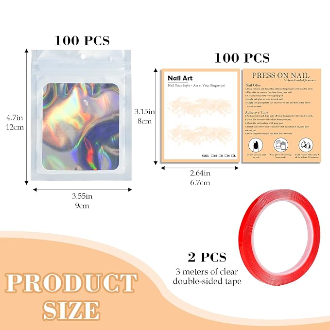 202pcs Press on Nail Packaging Bag, 100pcs Empty Holographic Nail Storage Bag and 100pcs Instruction&Display Black Cardboard with 2 Roll Transparent Tape for Nail Display Profession Salon(White, 100)