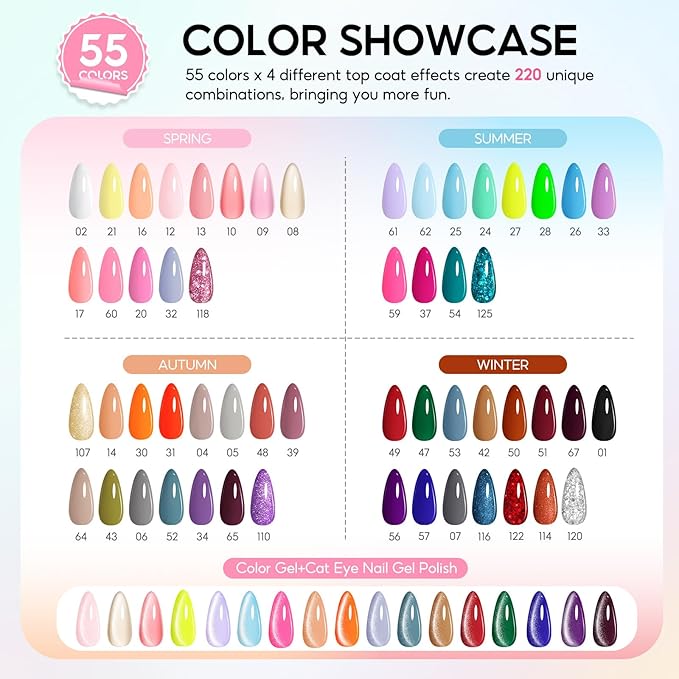 PEACECOLOR Gel Nail Polish Kit with U V Light 82PCS, 56 Colors Gel Polish Set with Cat Eye Gel Nail Polish 4Pcs Glossy/Matte/Glitter Top Base Coat Rhinestones Manicure Kit Gifts for Women Salon Home