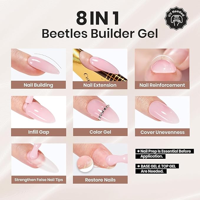 Beetles Builder Gel-Caramel Nude 0.5 oz 8 in 1 Nail Strengthening Apex Building Extension for Beginner DIY Salon at Home,Nude Builder for Winter Nails,UV & LED Lamp Needed