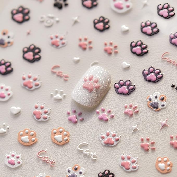 3 Sheets Cat Nail Stickers, Cute Nail Stickers, Cat Nail Decals, Cute Nail Art Stickers, Embossed Cat Claw Nail Stickers, Embossed, Cute Nail Supplies, Nail Art Stickers, DIY Nails