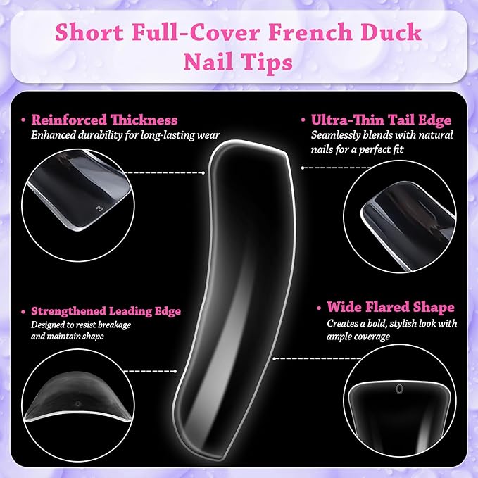 outopen 504pcs Short Duck Nail Tips S Feet Clear Flare Nail Tips for French False Nail Extension Y2K Vibe Full Cover Duck Tips for Polygel Acrylic Extension Beginners DIY Manicure,12 Sizes