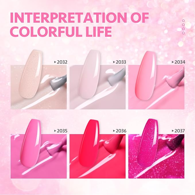 GAOY Pink Glitter Gel Nail Polish Set, 6 Colors Nude Neon Sparkle Soak Off UV Light Cure Gel Polish Kit for Salon and Nail Art DIY at Home